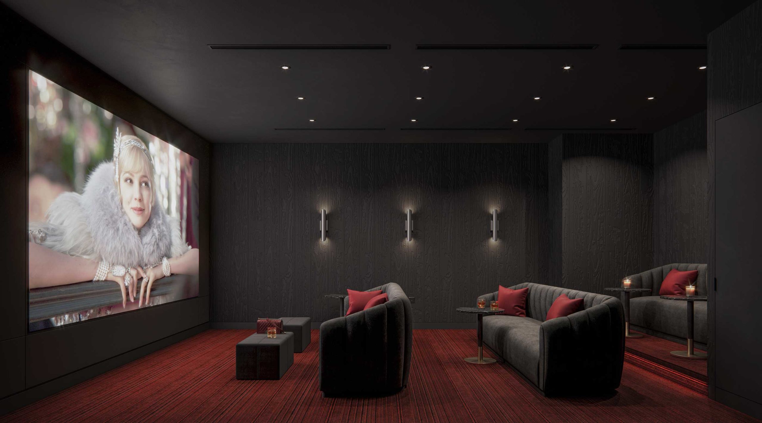 interior image of the movie theater at The Parker condominiums in Boston