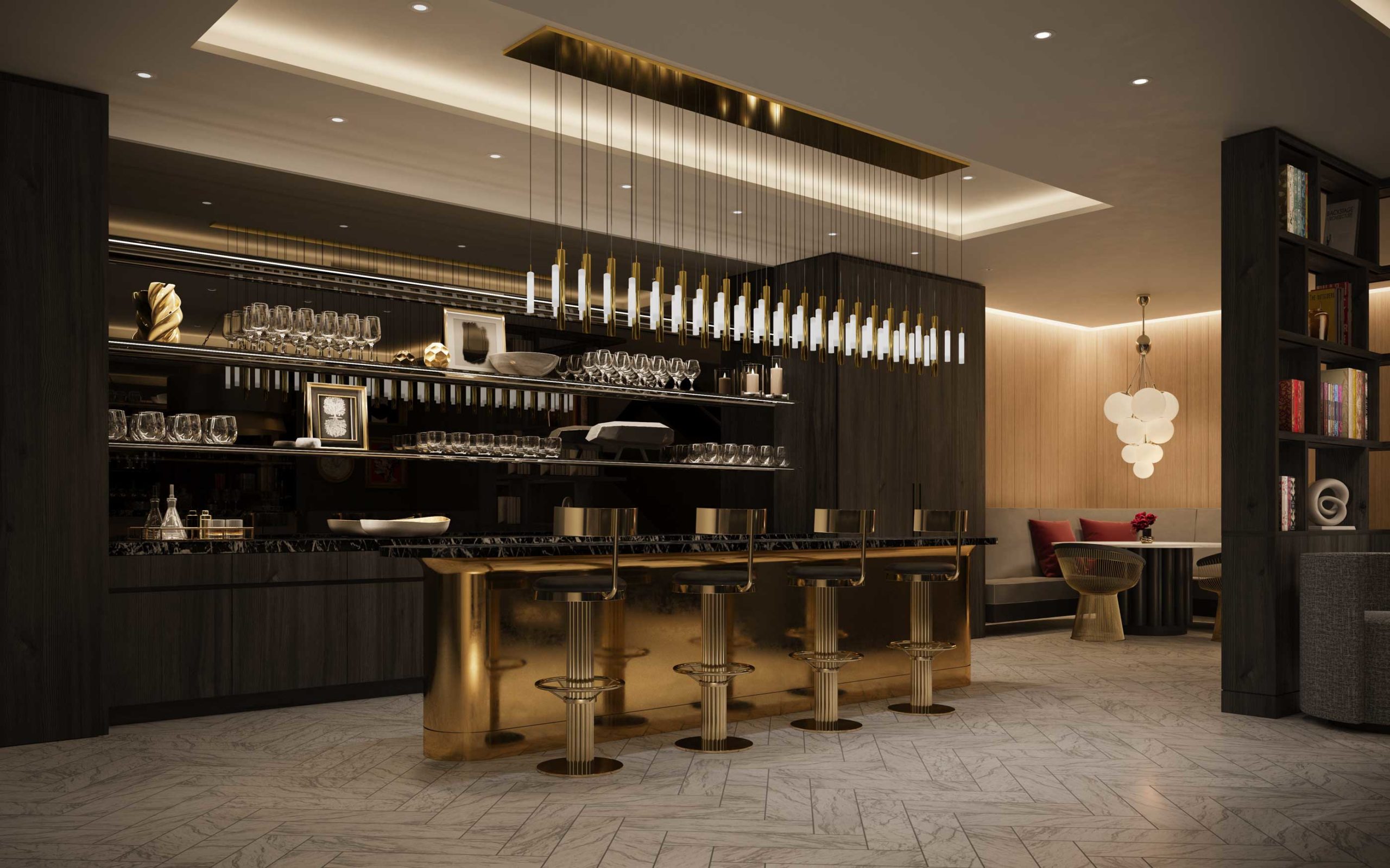 interior image of the cocktail lounge at The Parker condominiums in Boston