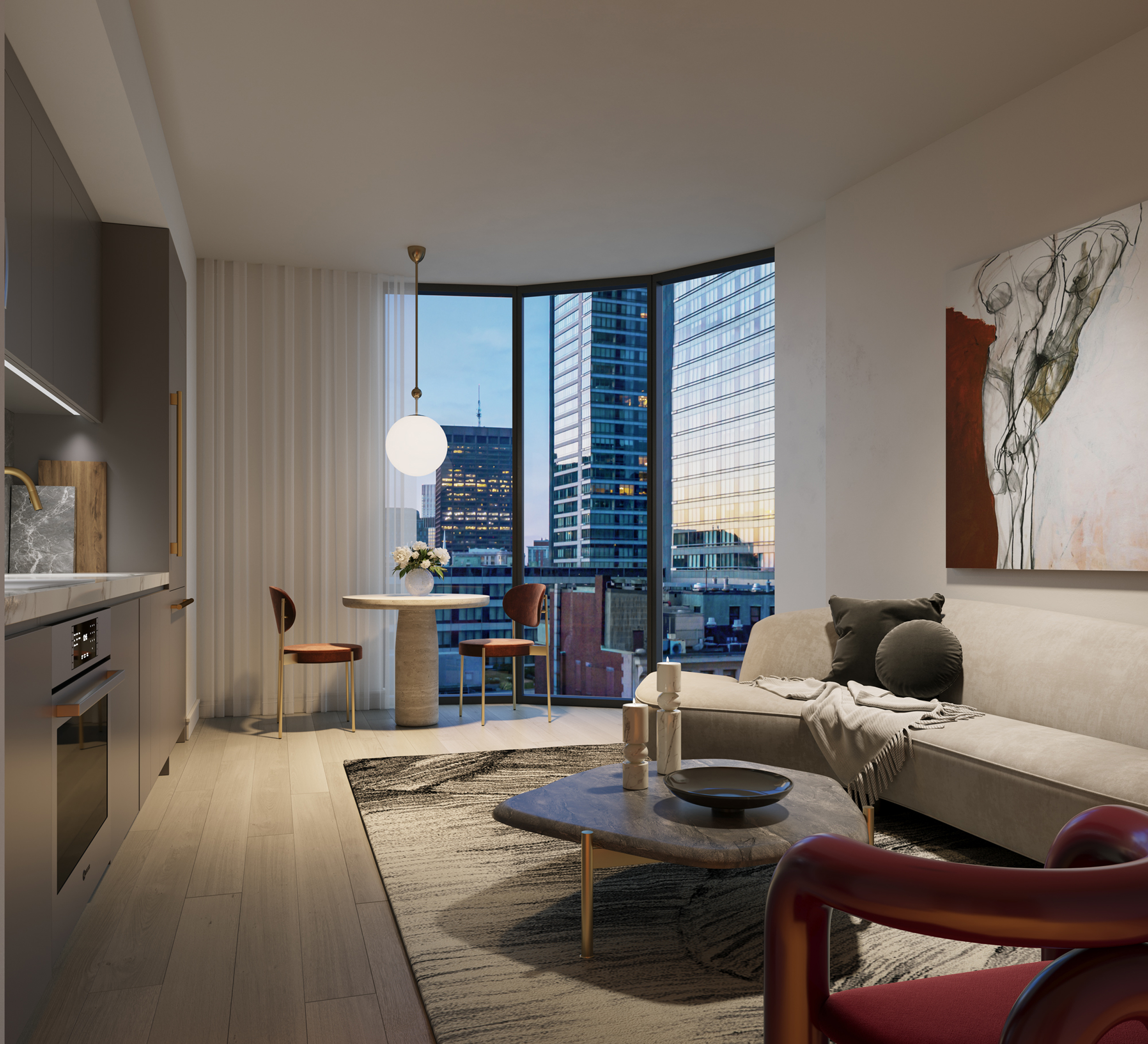 interior image of the studio living space at The Parker condominiums in Boston
