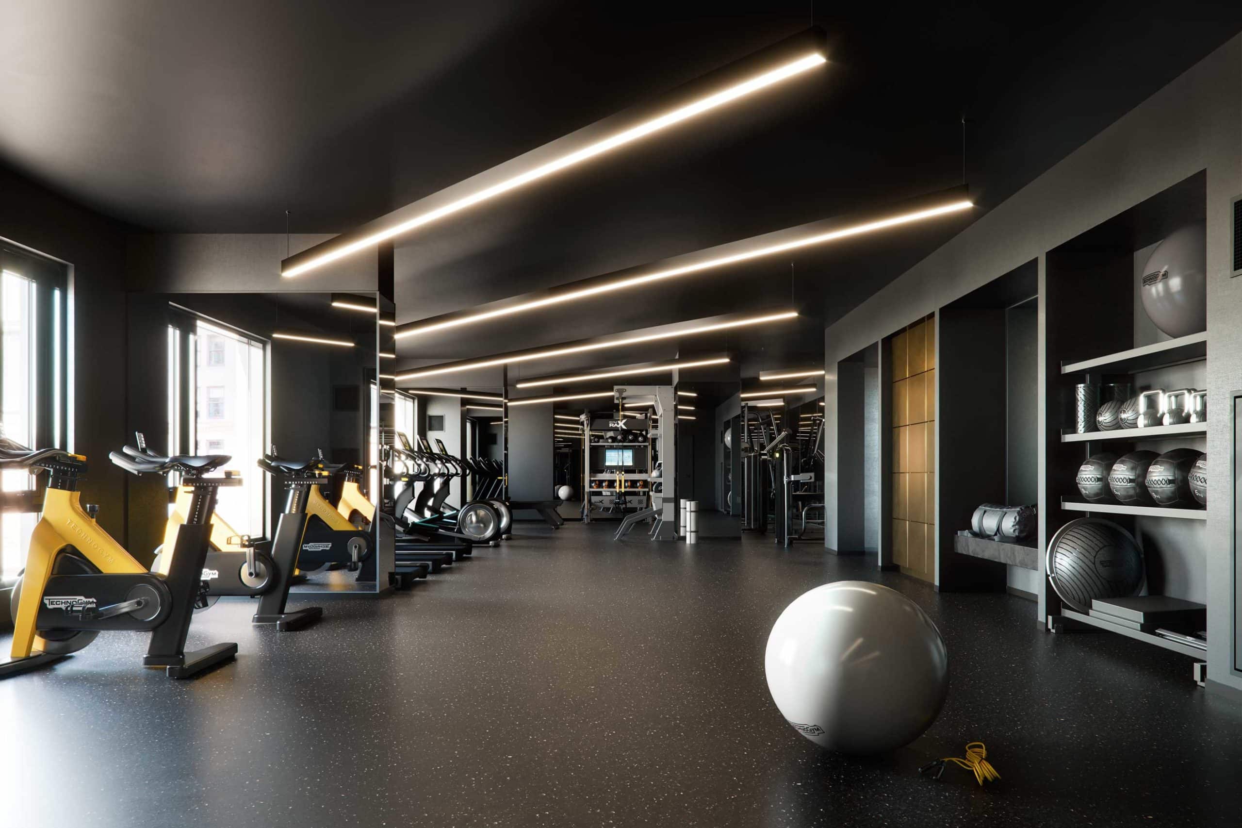 interior image of the state of the art fitness center at The Parker condominiums in Boston